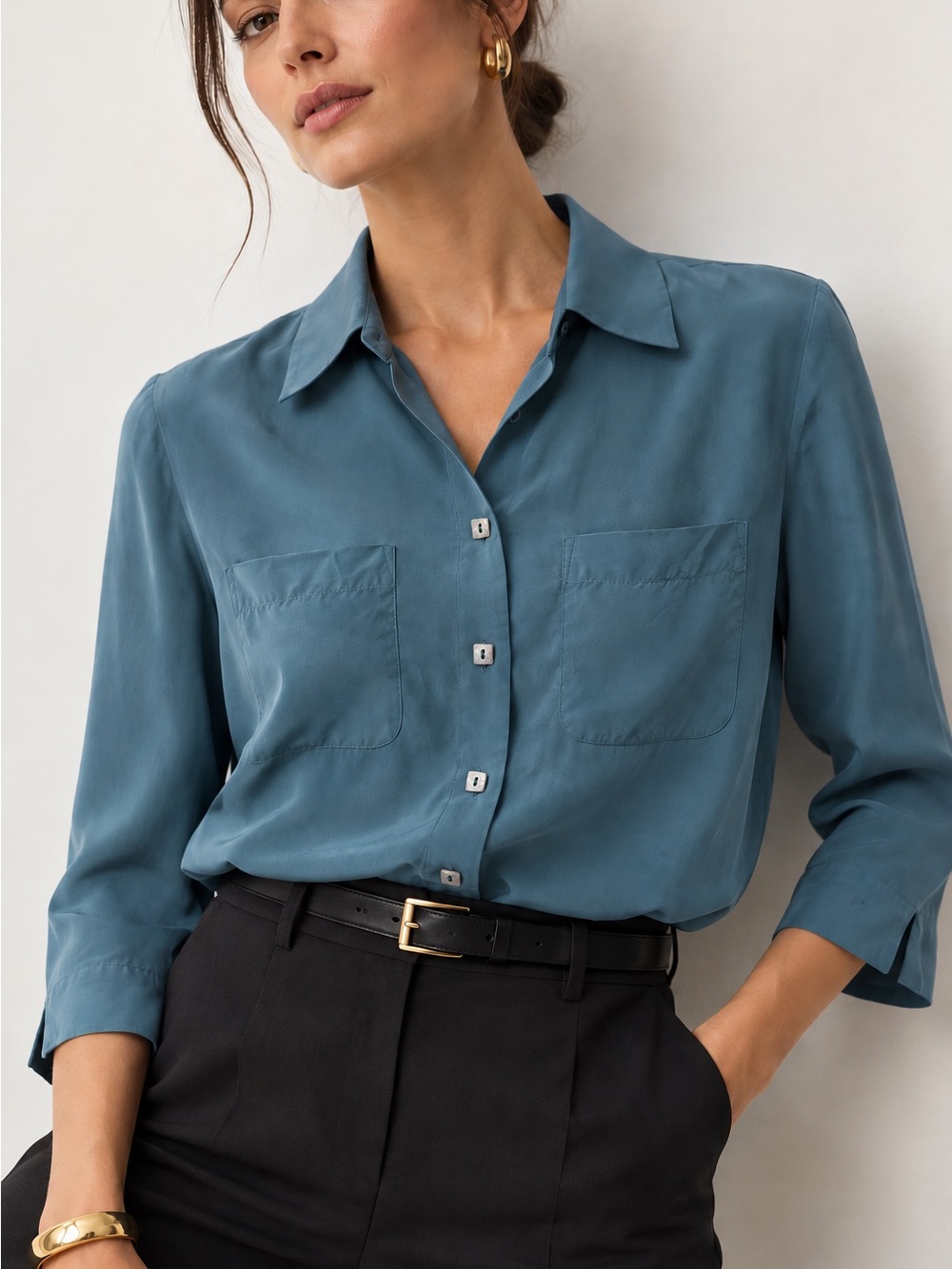 NEXX 100% Silk Teal Button Down Blouse 3/4 Sleeve Size M